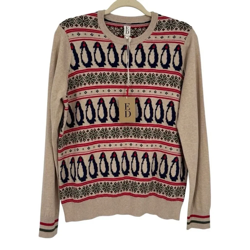 ED Ellen DeGeneres Penguin Fair Isle Cashmere Blend Sweater Beige Holiday Medium